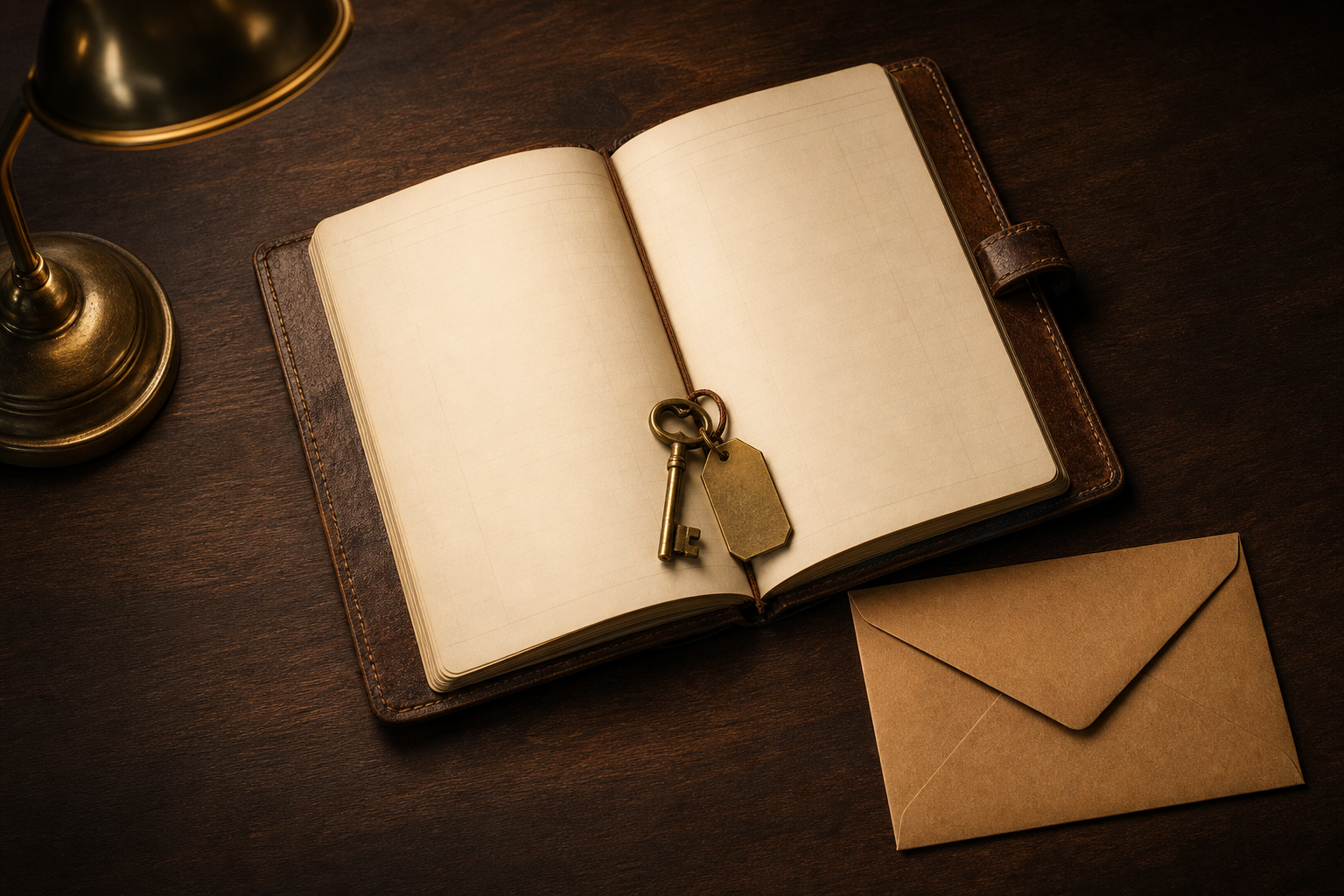 An editor's still life of blank receipts, a brass key, and a single envelope arranged on a dark desk.