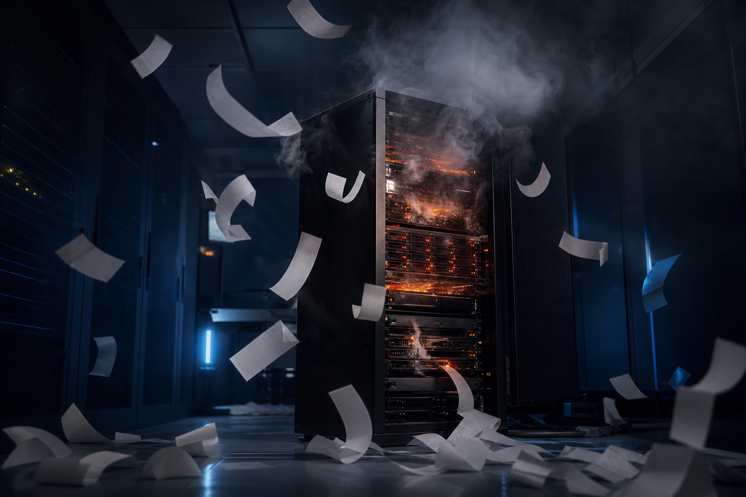 Abstract editorial illustration of a server rack emitting smoke and scattered receipts, symbolizing runaway API billing from misconfigured AI agents.
