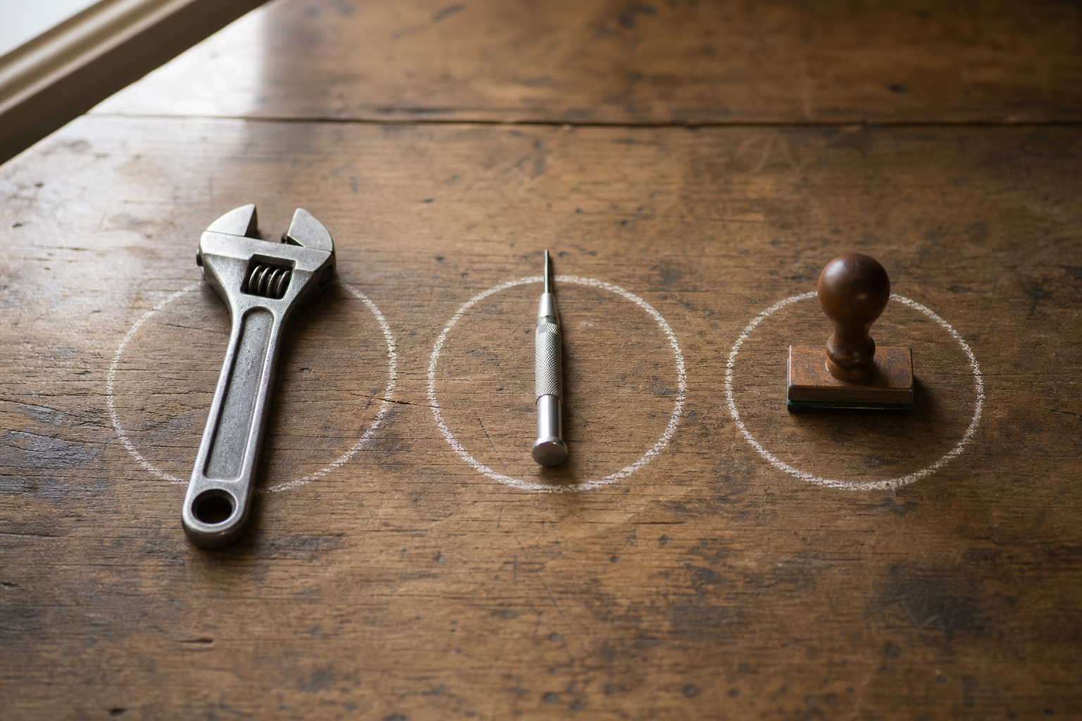 Three different workshop tools arranged on a wooden bench, each representing a different workflow approach.