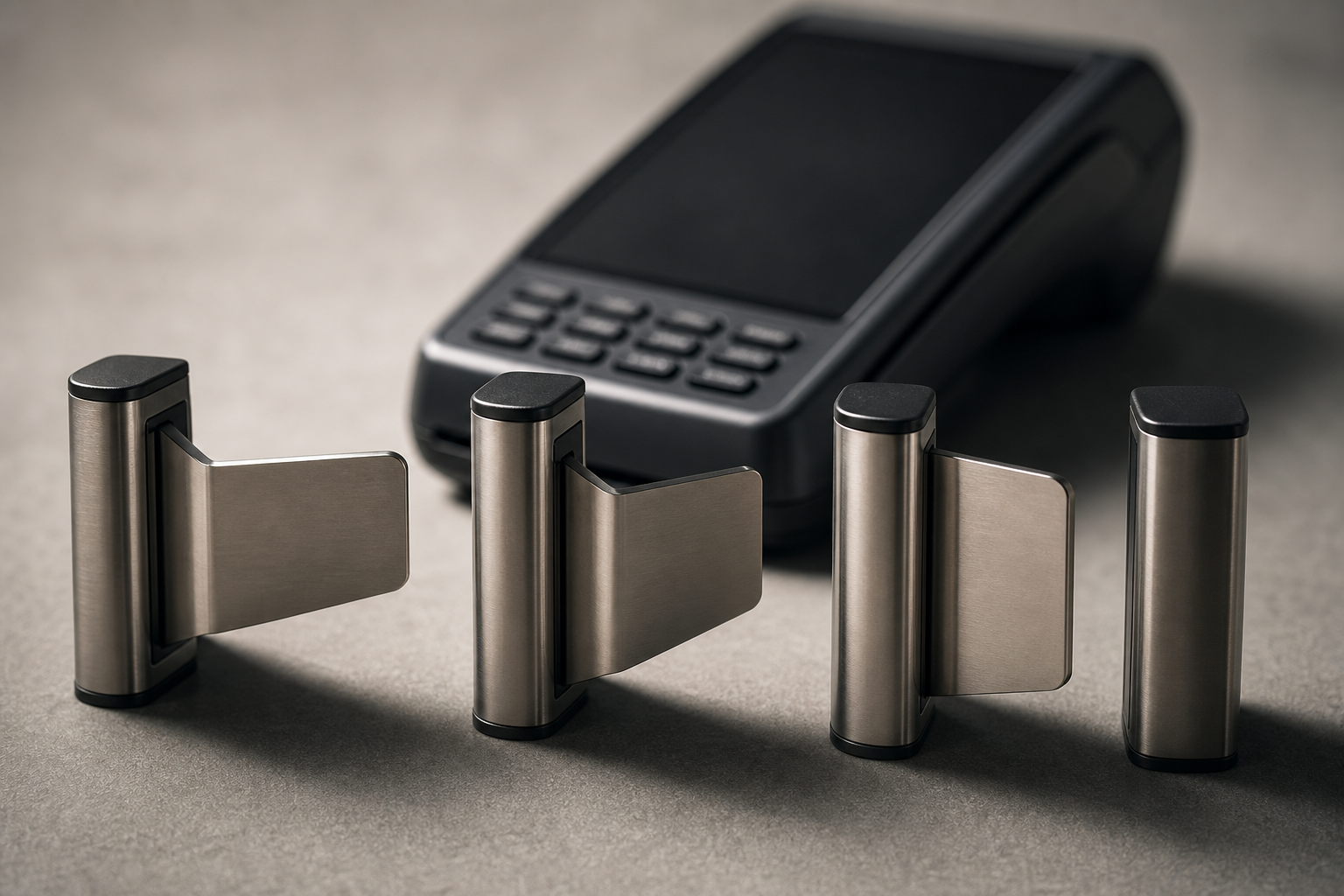 A payment terminal behind three miniature metal gates, symbolizing the three authorization checkpoints AI agents need before processing user renewals.