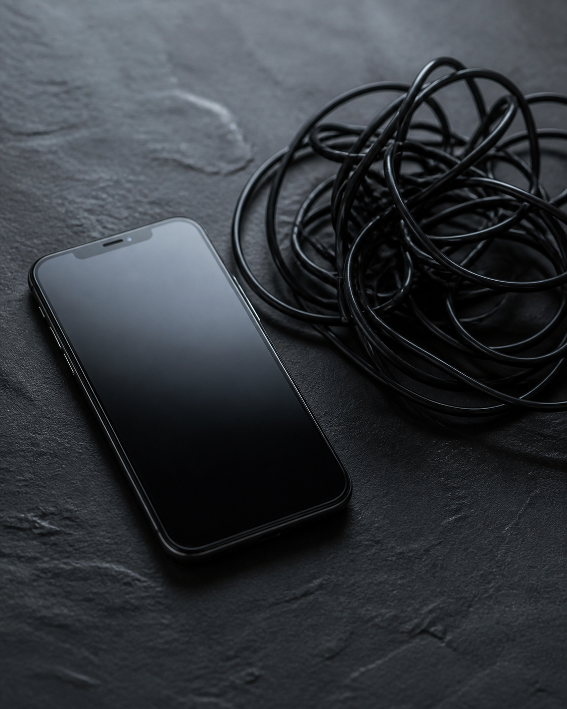 A minimalist editorial still life showing a sleek, modern smartphone resting on a dark surface, casting a shadow that subtly resembles a trap or cage, symbolizi