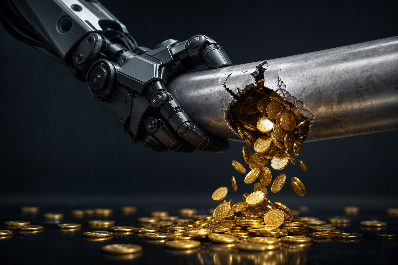 A robotic hand struggling to hold back a stream of gold coins flowing from a cracked digital pipe, symbolizing uncontrolled AI spending.