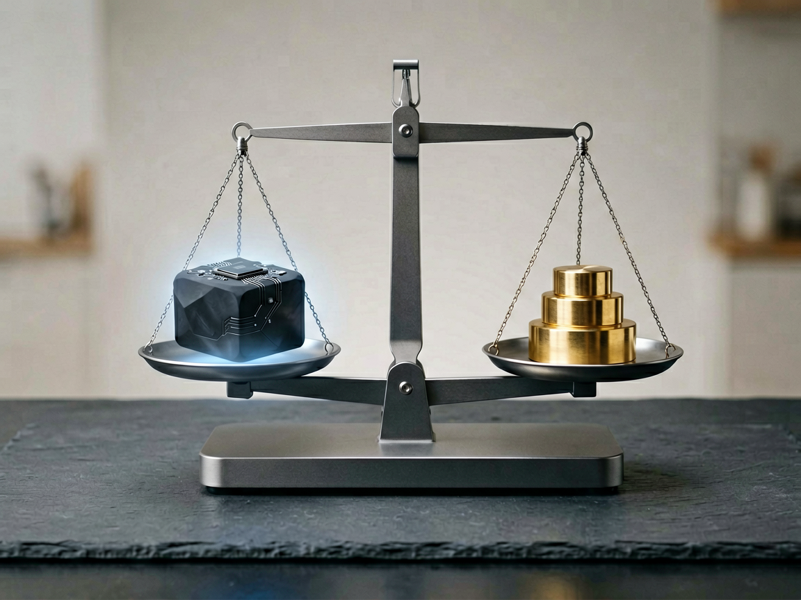 A precise digital scale balancing a glowing microchip against gold coins, symbolizing the calculation of AI token costs.