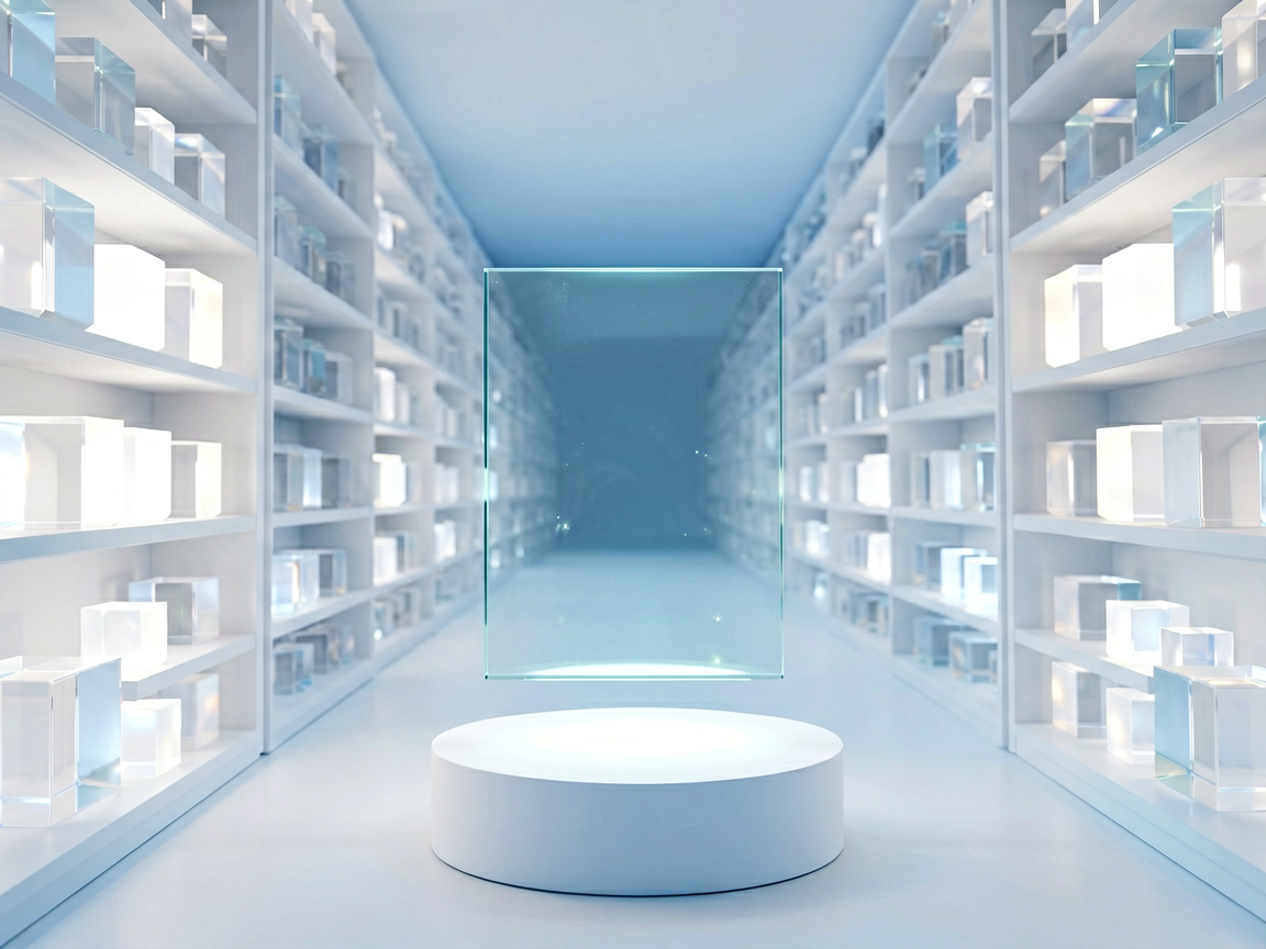 A futuristic, minimalist architectural library representing AI's layered memory system.