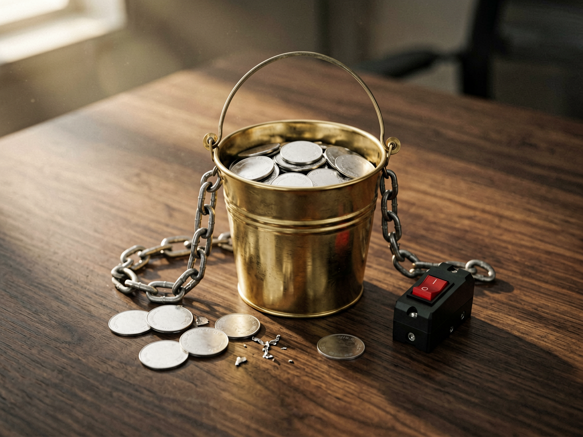 Editorial still life of a brass token bucket with a snapped chain and a small red circuit breaker switch on a dark desk.