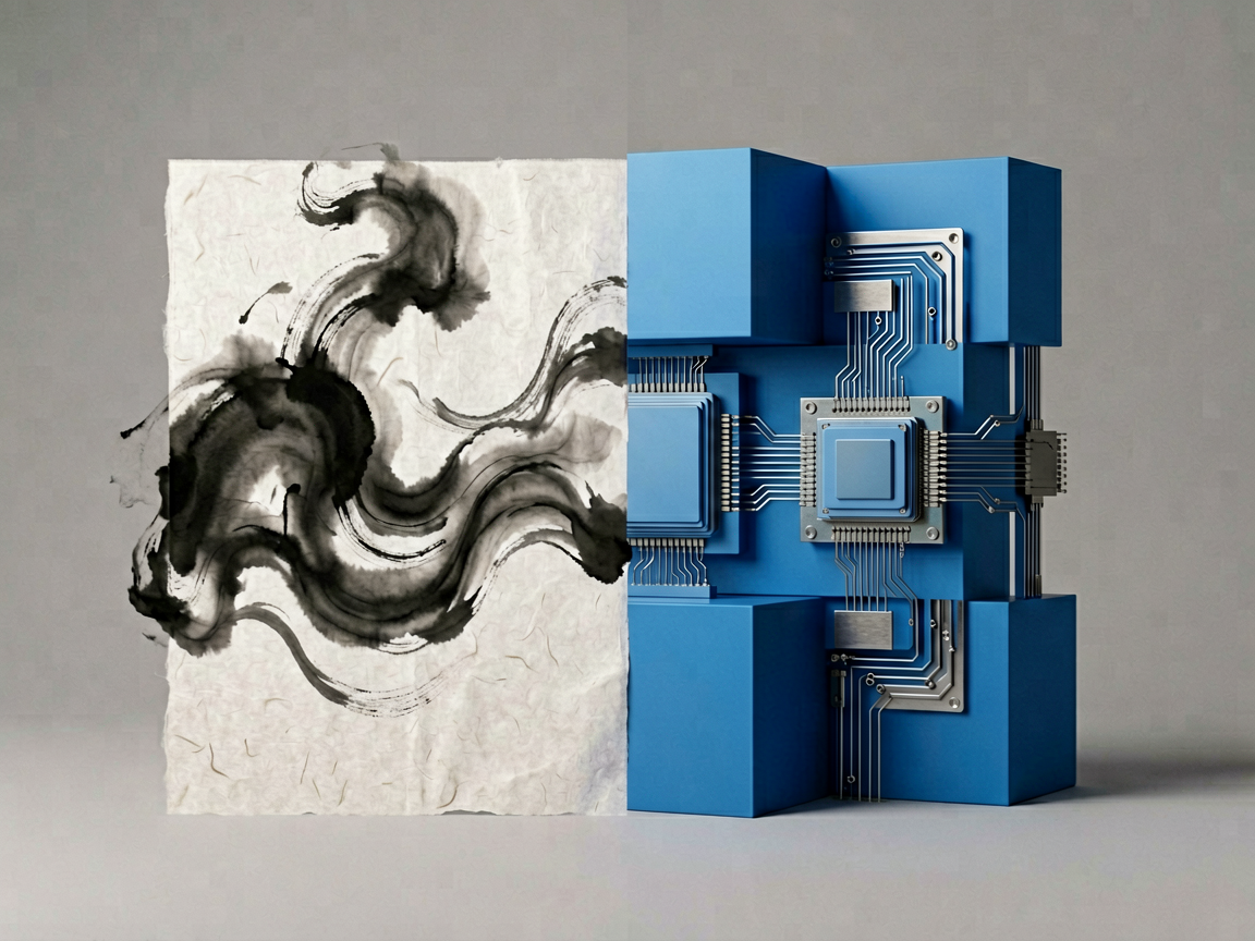 Conceptual split image showing Eastern philosophy and Western technology meeting