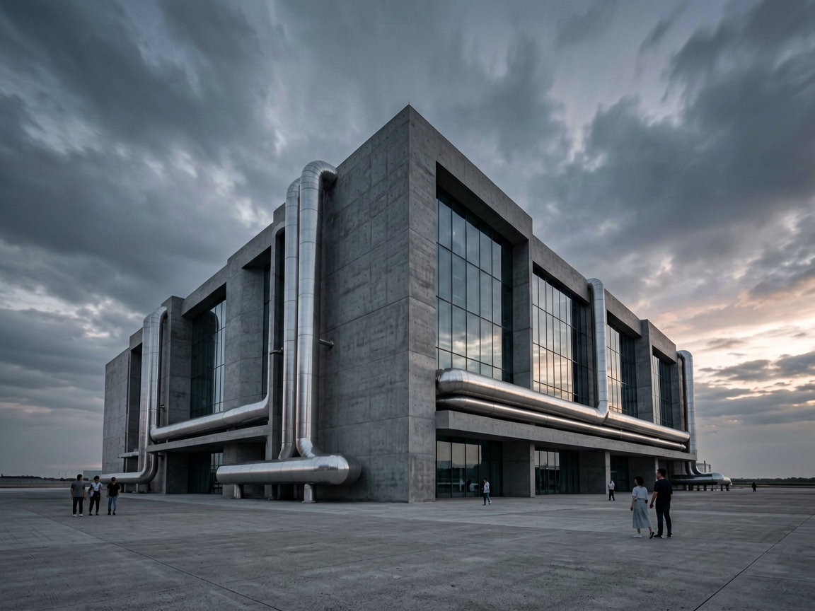 A futuristic, monolithic data center complex with industrial cooling infrastructure.