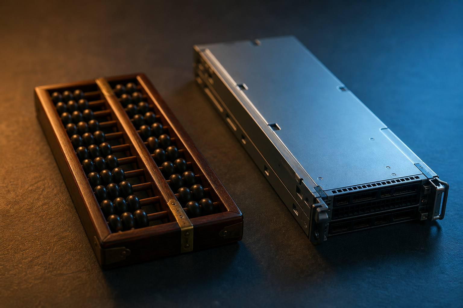 Editorial still life of a traditional Chinese abacus beside modern server hardware, symbolizing the shift to efficiency accounting in AI.