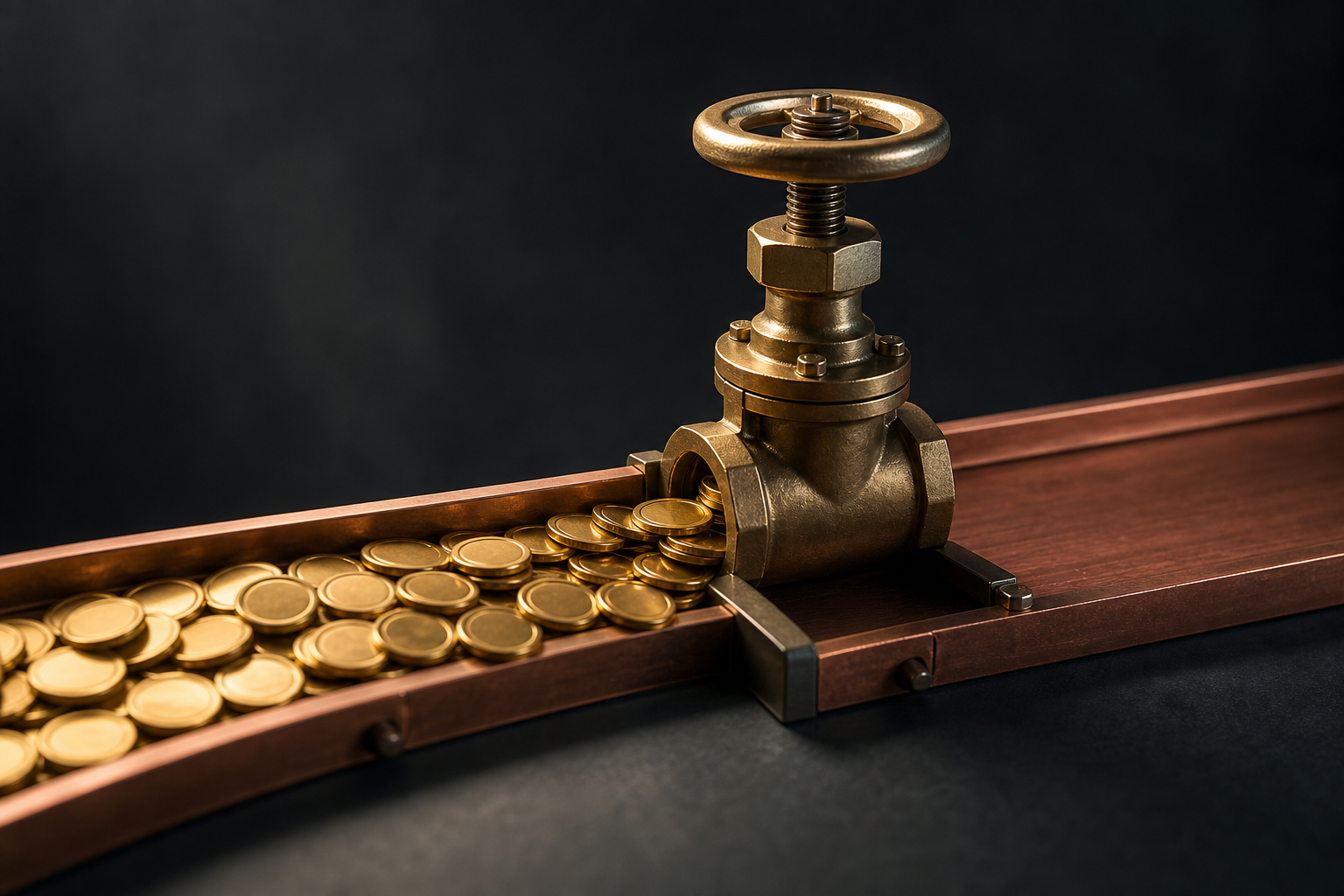 Editorial still life of a gate valve meter controlling golden tokens on a track