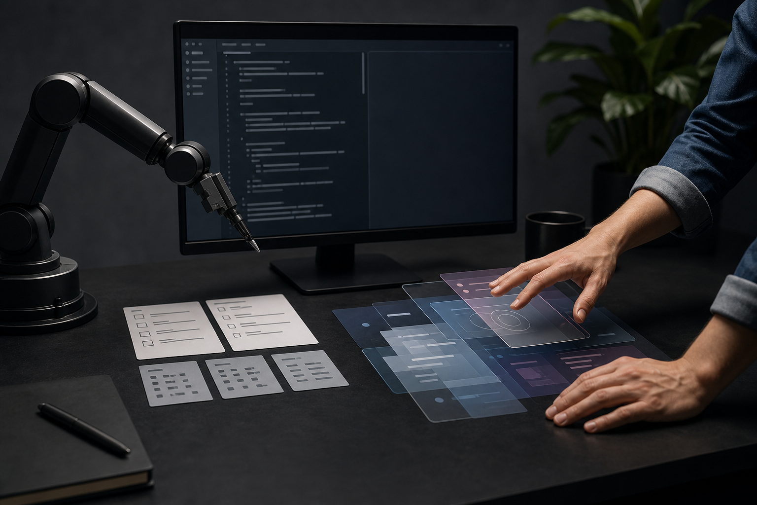 Split scene: a robotic hand drafting test code on screen while a human hand hovers over a dynamic UI layer to verify