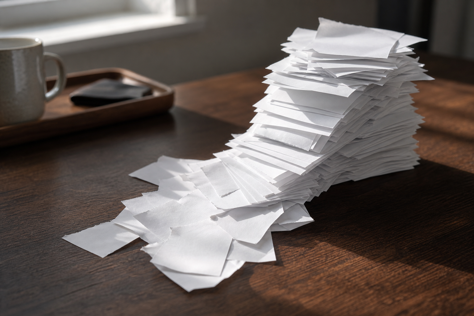 A stack of paper receipts growing uncontrollably on a desk