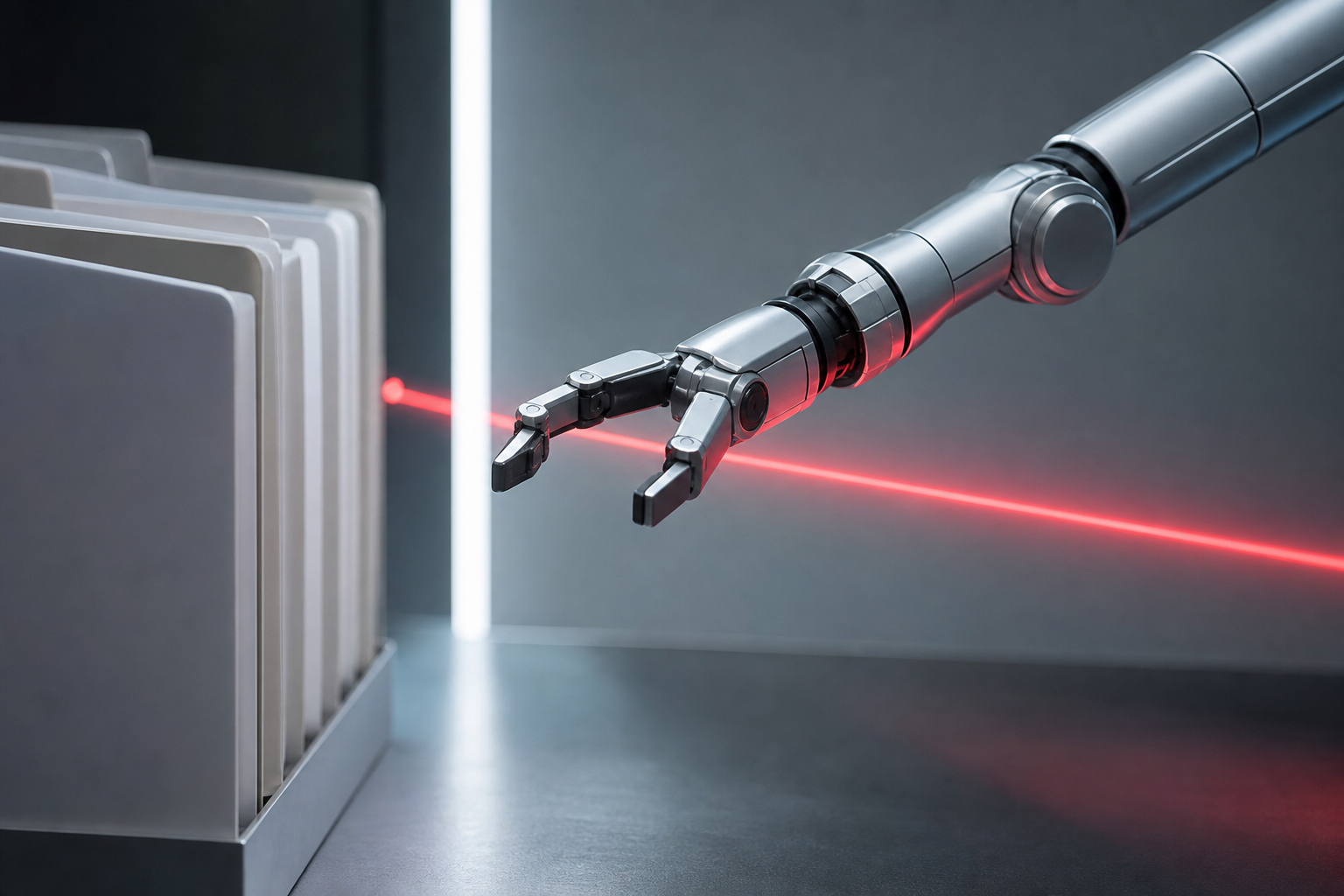 A sleek, autonomous robotic arm reaching across a red laser security line towards a stack of sensitive documents, symbolizing unauthorized access and compliance
