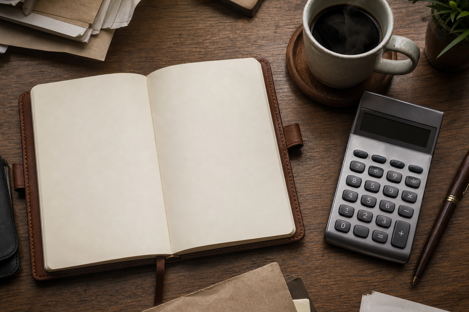 A detailed view of a business ledger with a calculator and coffee cup, symbolizing the careful accounting of hidden AI implementation costs.