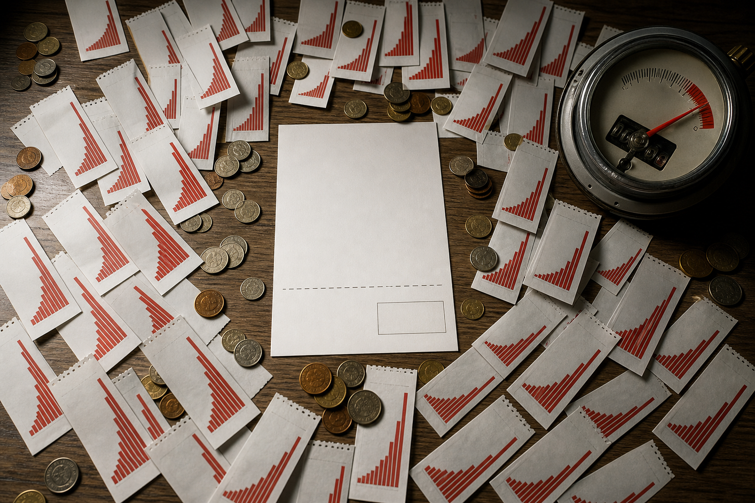 An overhead view of a desk cluttered with multiple printed billing statements showing exponential cost increases, surrounded by scattered coins and a single, di