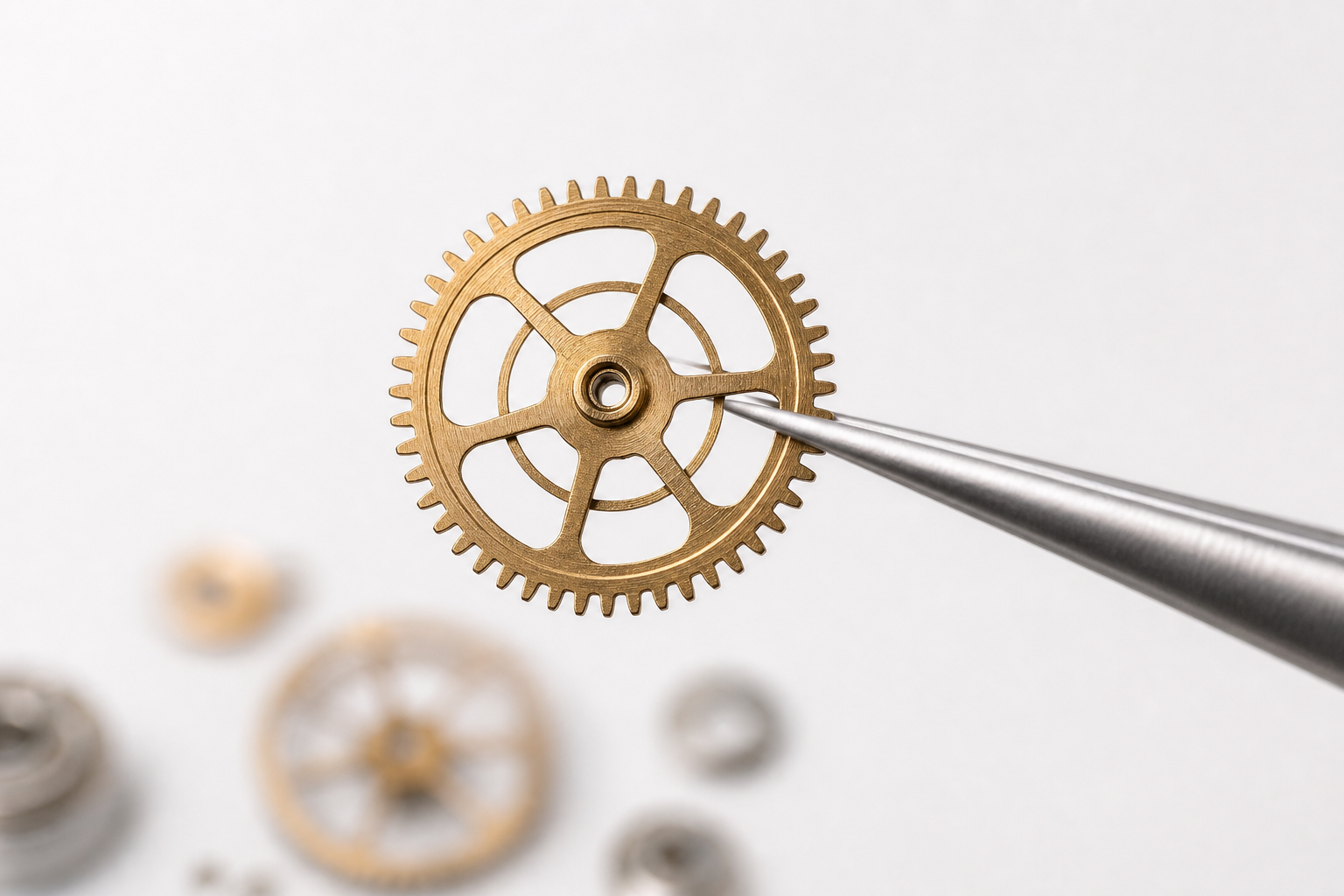 A minimalist editorial still life showing a complex mechanical gear being gently held by a pair of precision tweezers against a clean, neutral background, symbo