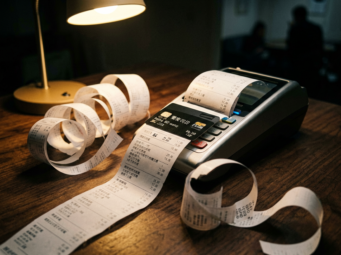 A close-up of a credit card being repeatedly swiped through a terminal, with the receipt tape piling up in an endless loop on the floor, symbolizing runaway age