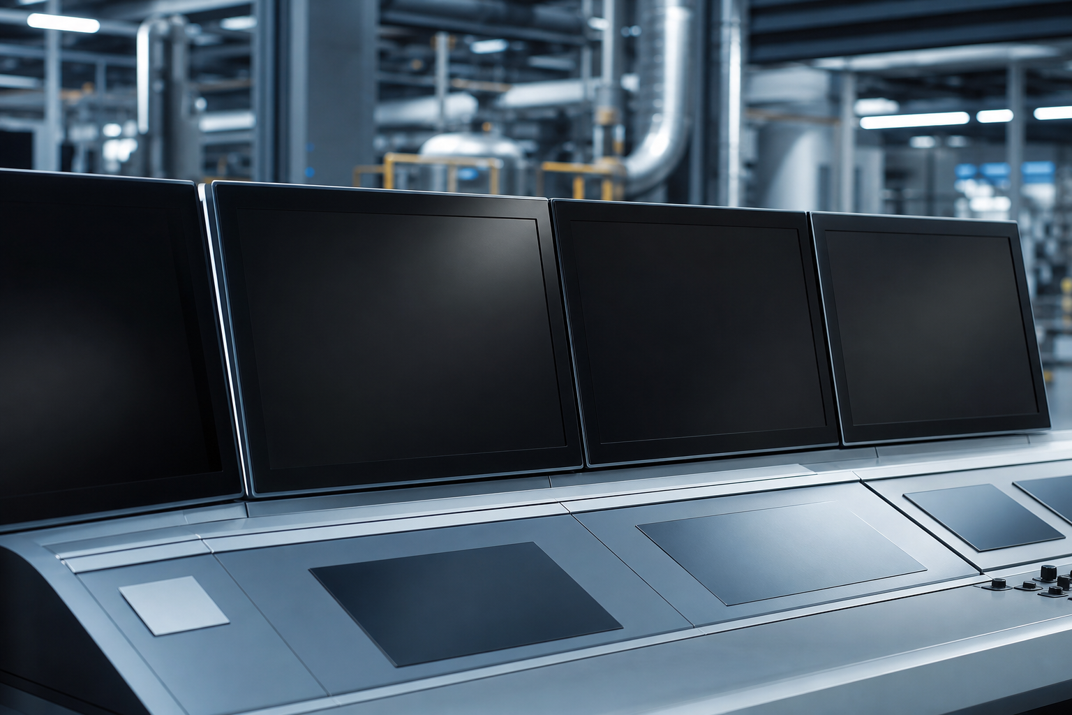 A clean industrial control panel with blank screens in a modern factory setting