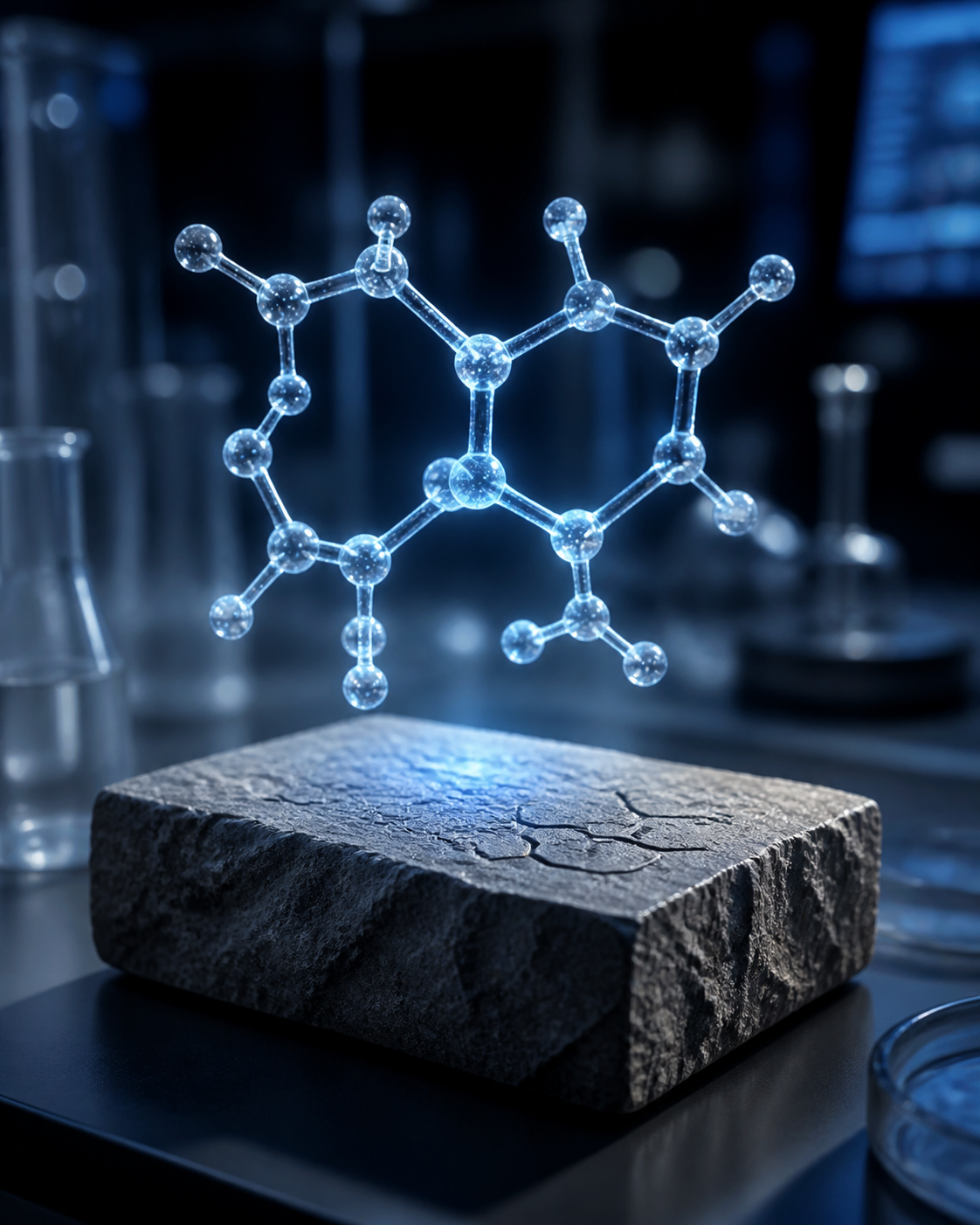 A conceptual editorial image showing a sleek, modern laboratory setting where a digital holographic projection of a molecule is being scrutinized by a large, ph