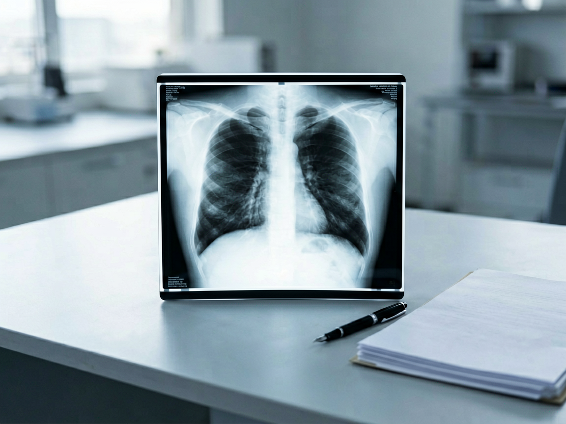 A radiologist reviewing an X-ray film on a lightbox with a pen, symbolizing final medical responsibility