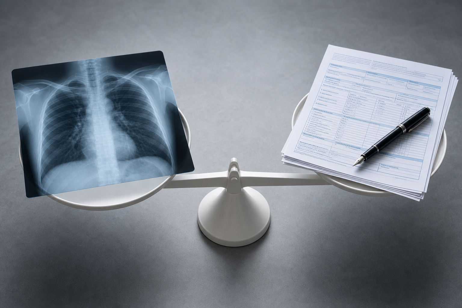 A conceptual editorial shot of a CT scan film resting on a balance scale alongside medical billing documents, symbolizing the cost-compliance challenge of AI di