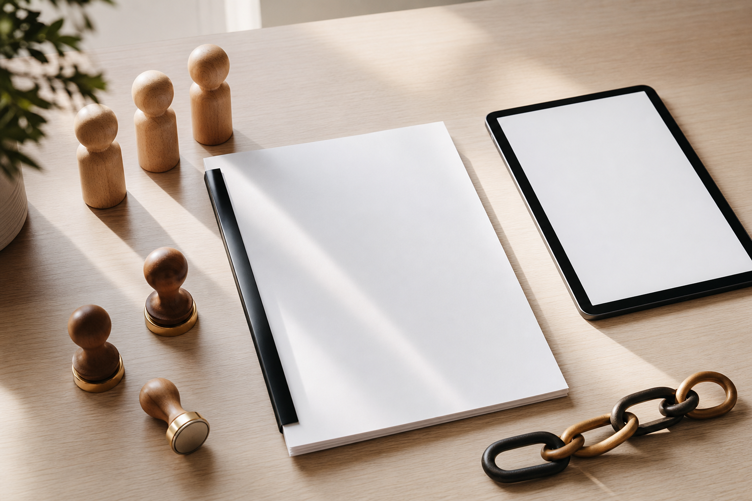 HR desk with AI-integrated performance documents and approval symbols.