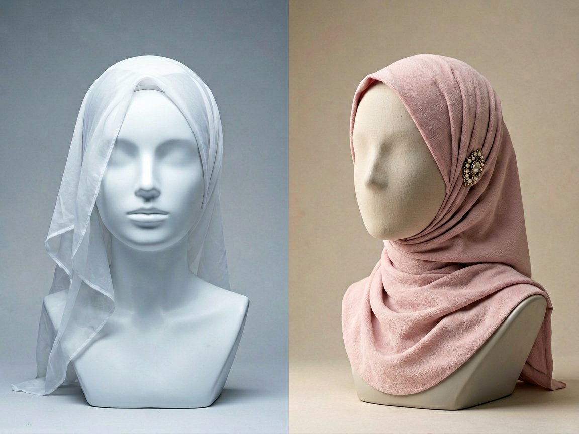 A split composition showing a generic AI-generated female silhouette on one side and a detailed, culturally accurate Indonesian Muslim woman's headscarf on the 