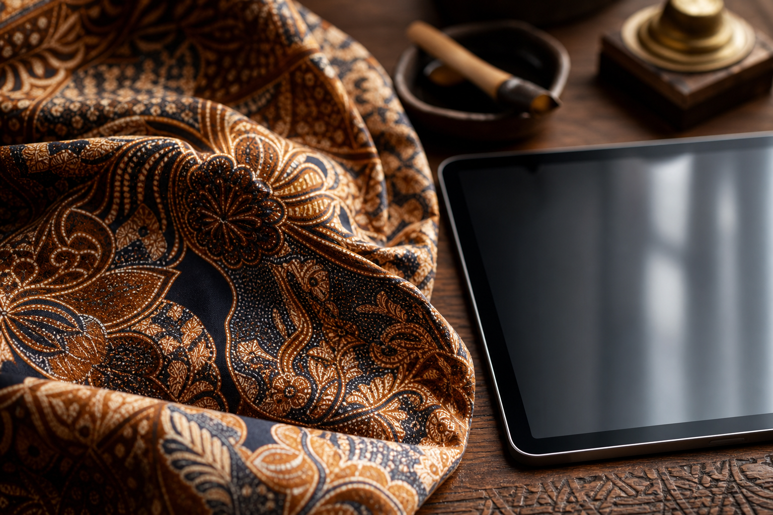 Editorial still life showing a traditional Indonesian batik fabric being carefully aligned with a digital tablet displaying a blurred map, symbolizing the inter