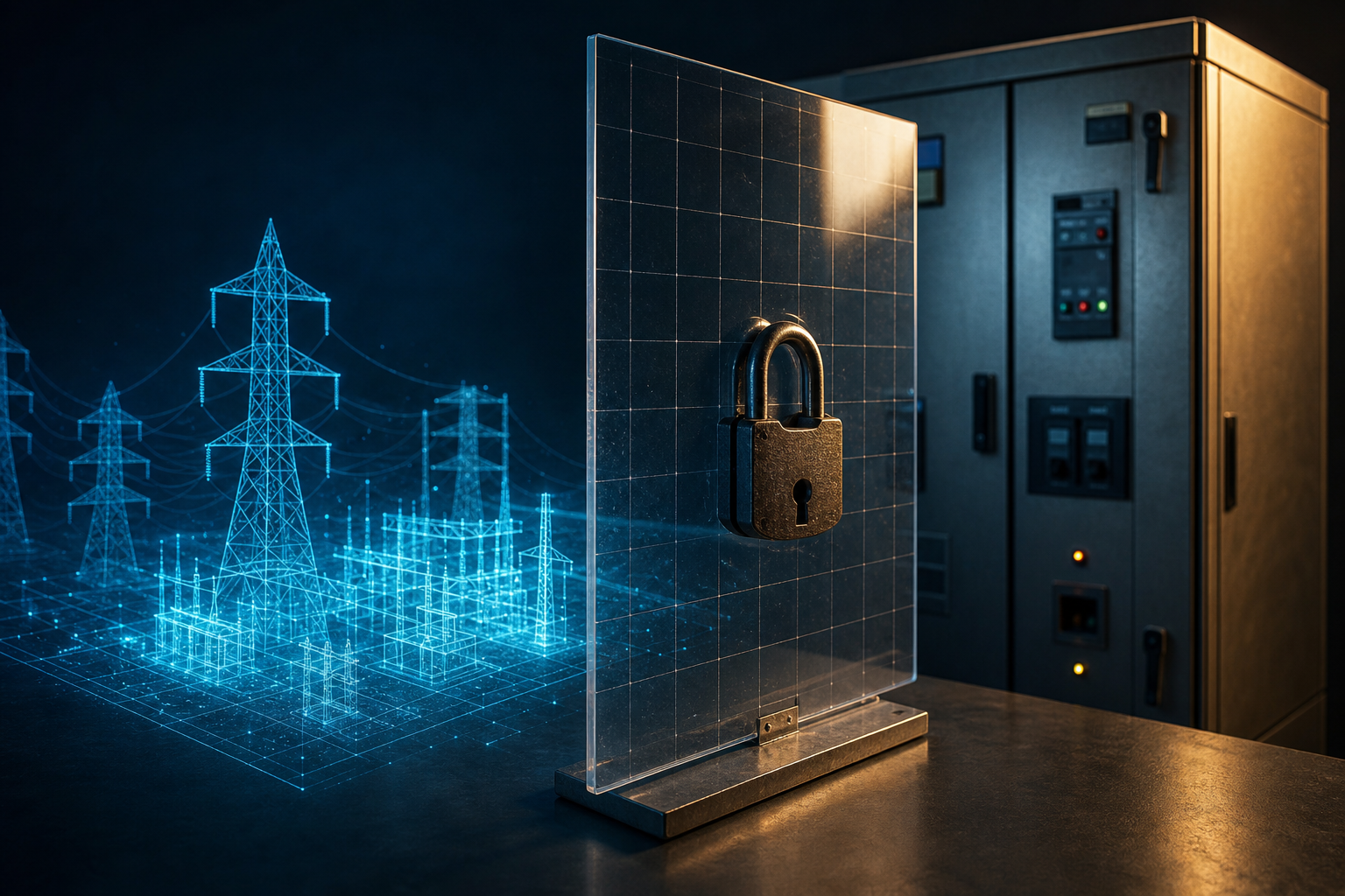 Editorial scene of AI-generated power grid plan passing through a physical safety checkpoint before reaching equipment