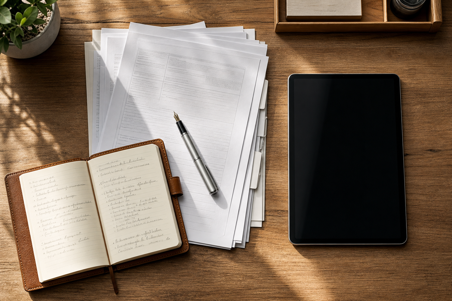 A detailed editorial still life showing a stack of physical files and a pen next to a tablet displaying a blank canvas, symbolizing the need for human documenta
