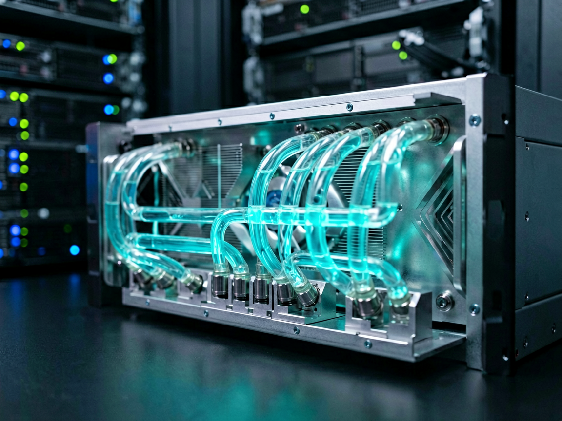 A high-tech data center server rack with advanced liquid cooling pipes, illuminated by cool blue and white LED lights, representing efficient AI infrastructure.