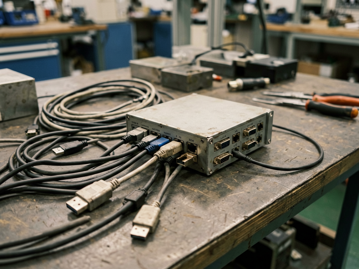 Assorted industrial cables and connectors on a workshop table
