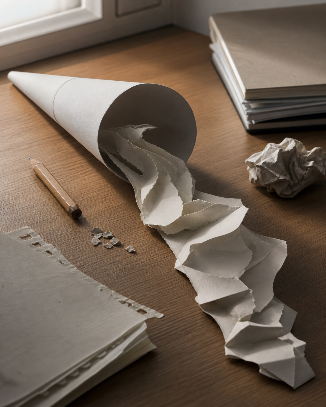 A paper cylinder being unraveled by a robotic hand on a desk with a grading rubric.