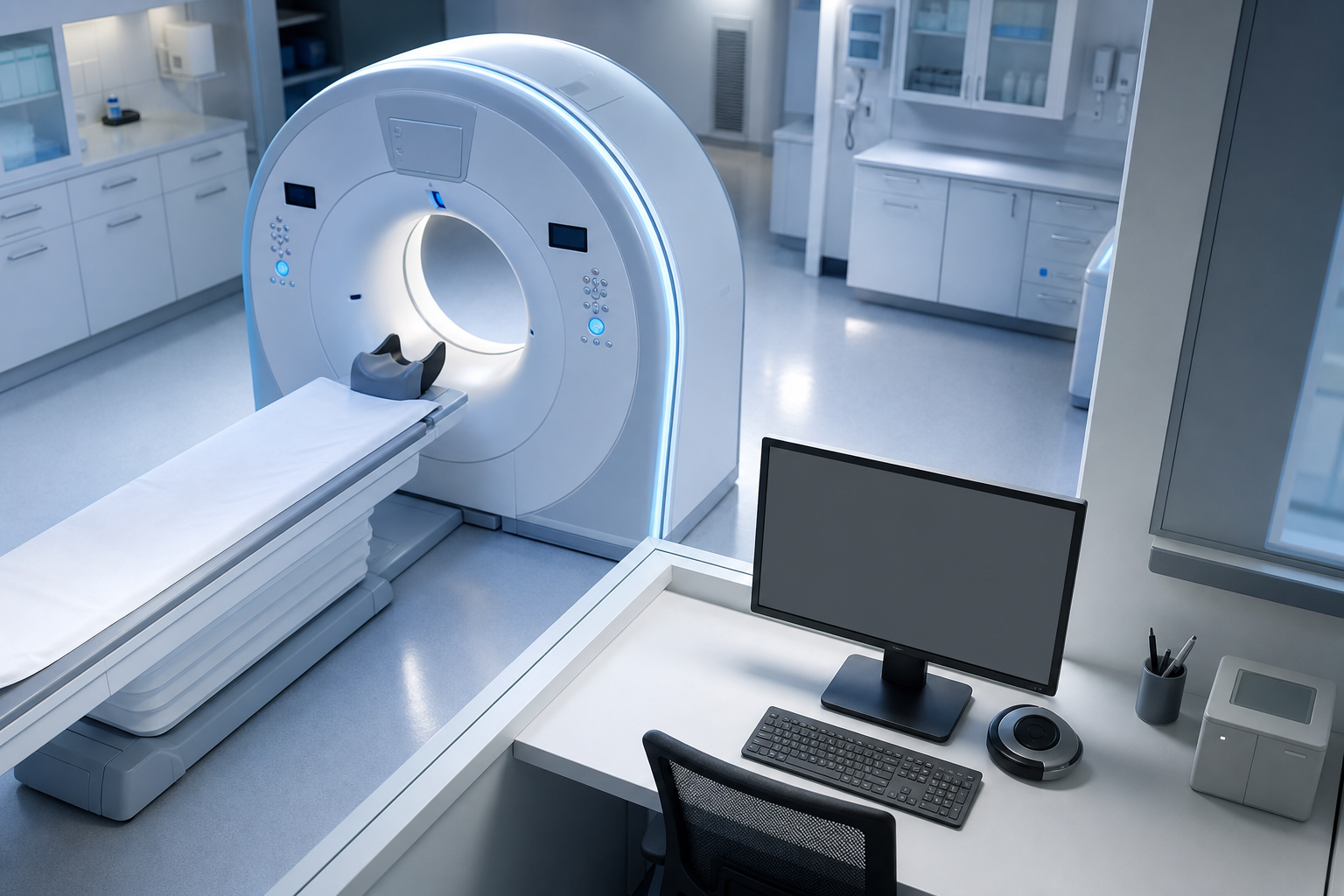 A modern medical imaging center with advanced diagnostic equipment and a clean, professional atmosphere