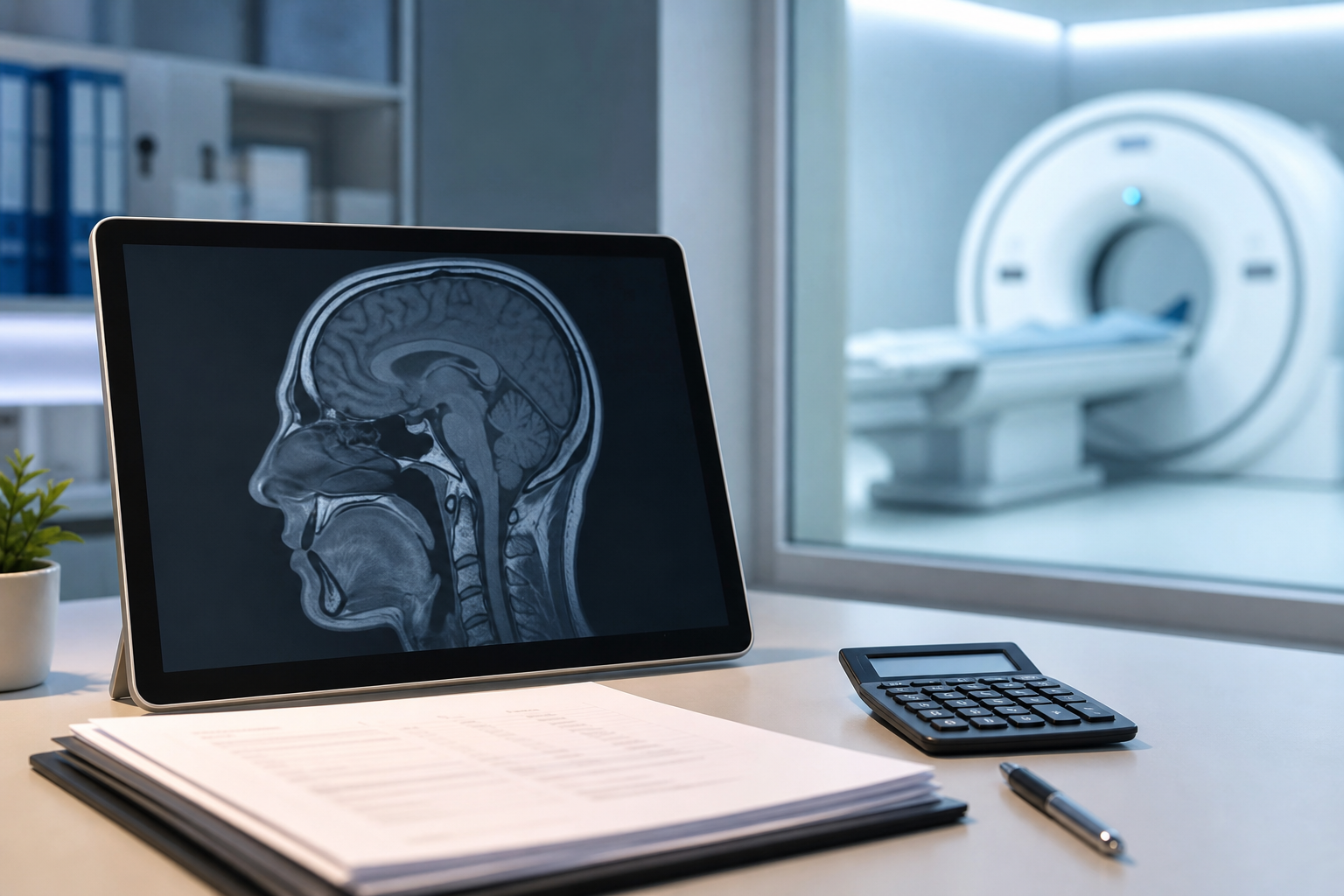 A modern hospital radiology department desk with a tablet displaying a medical scan interface and a calculator, symbolizing the economic assessment of AI tools.