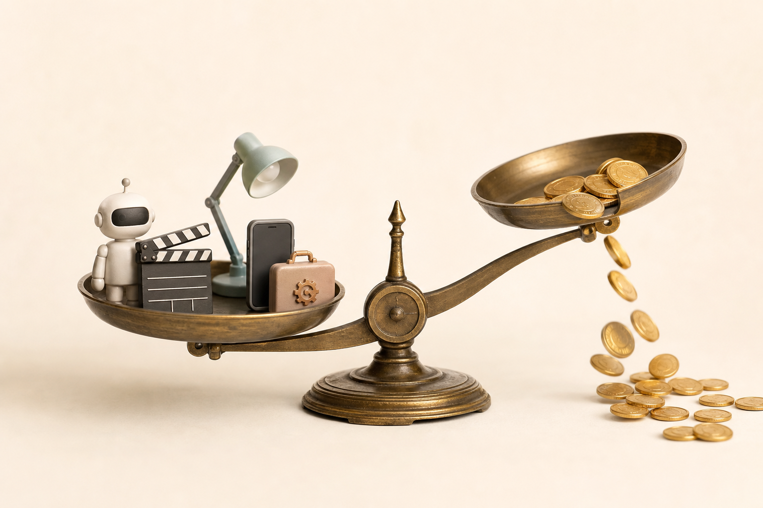 Editorial still life of five small AI-themed objects balanced on a brass scale, one side tipping with coins.