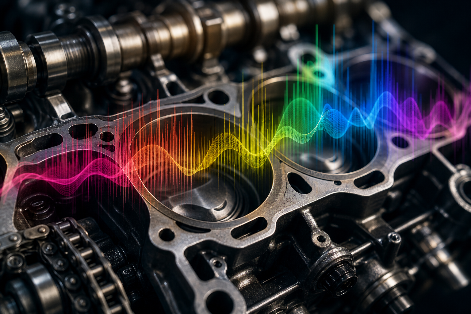 A detailed close-up of an engine's internal components with a translucent, artistic overlay representing a sound wave spectrum, set against a clean workshop bac
