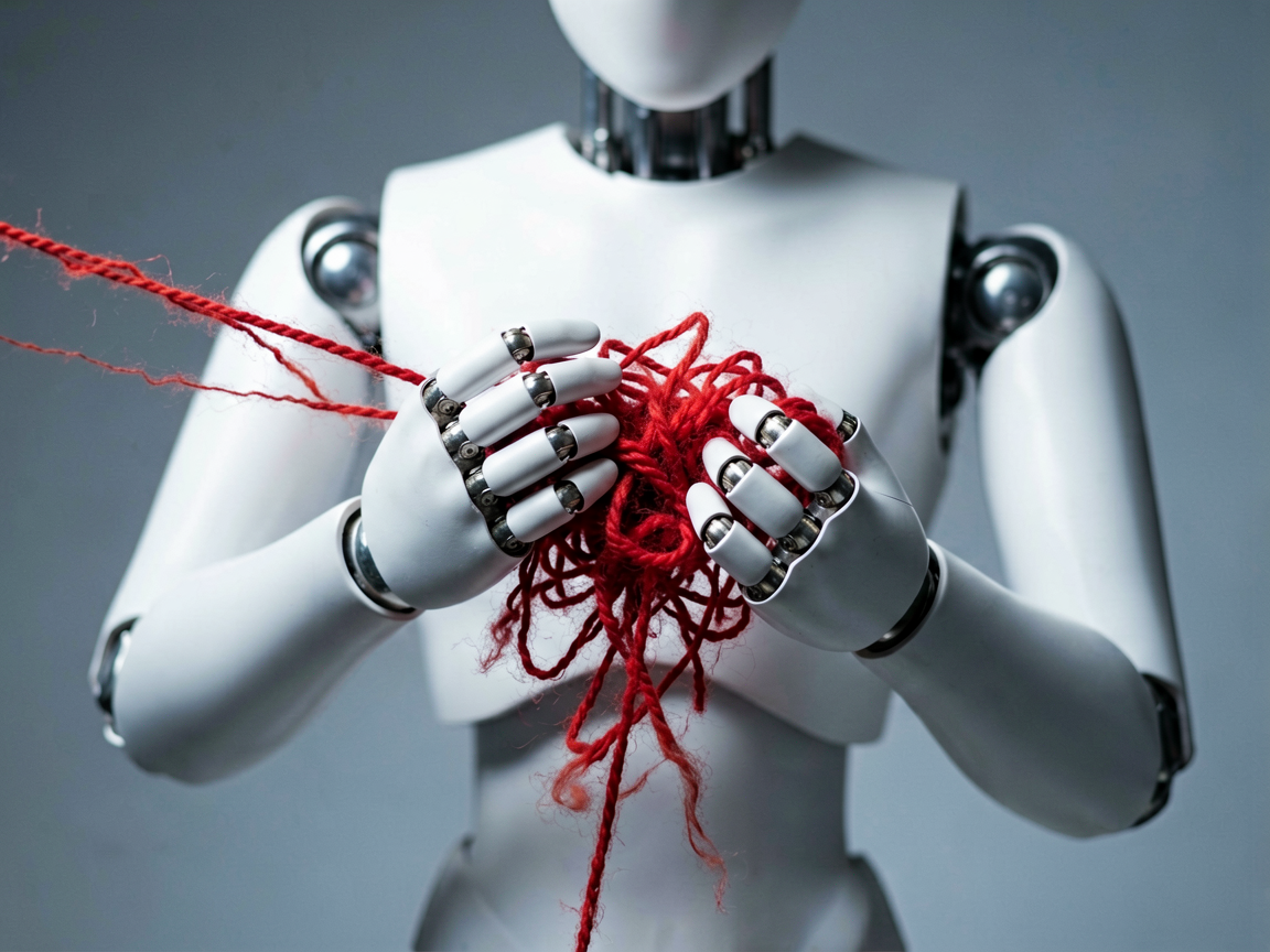 A cold, metallic robotic hand firmly gripping a tangled knot of red thread against a sterile background