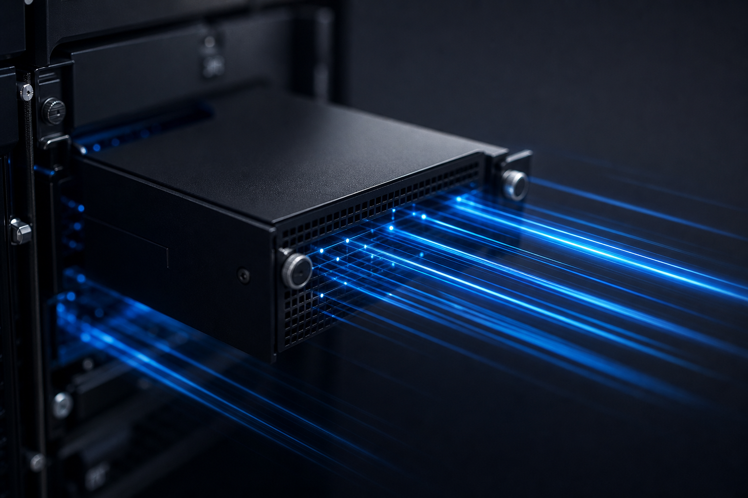 A sleek, abstract representation of high-speed data processing and verification on a modern server rack