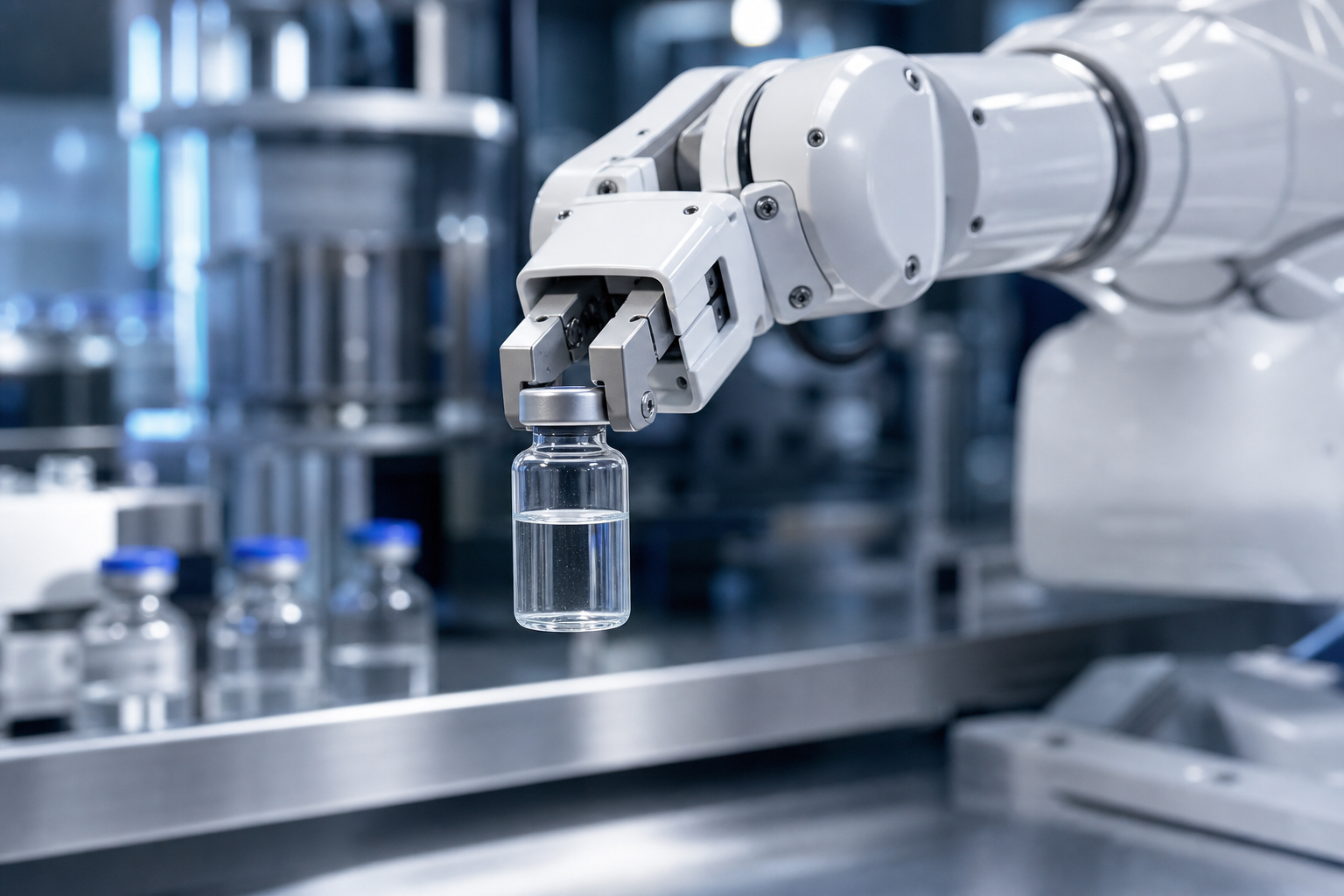 A sleek robotic arm in a modern chemistry laboratory performing precise tasks