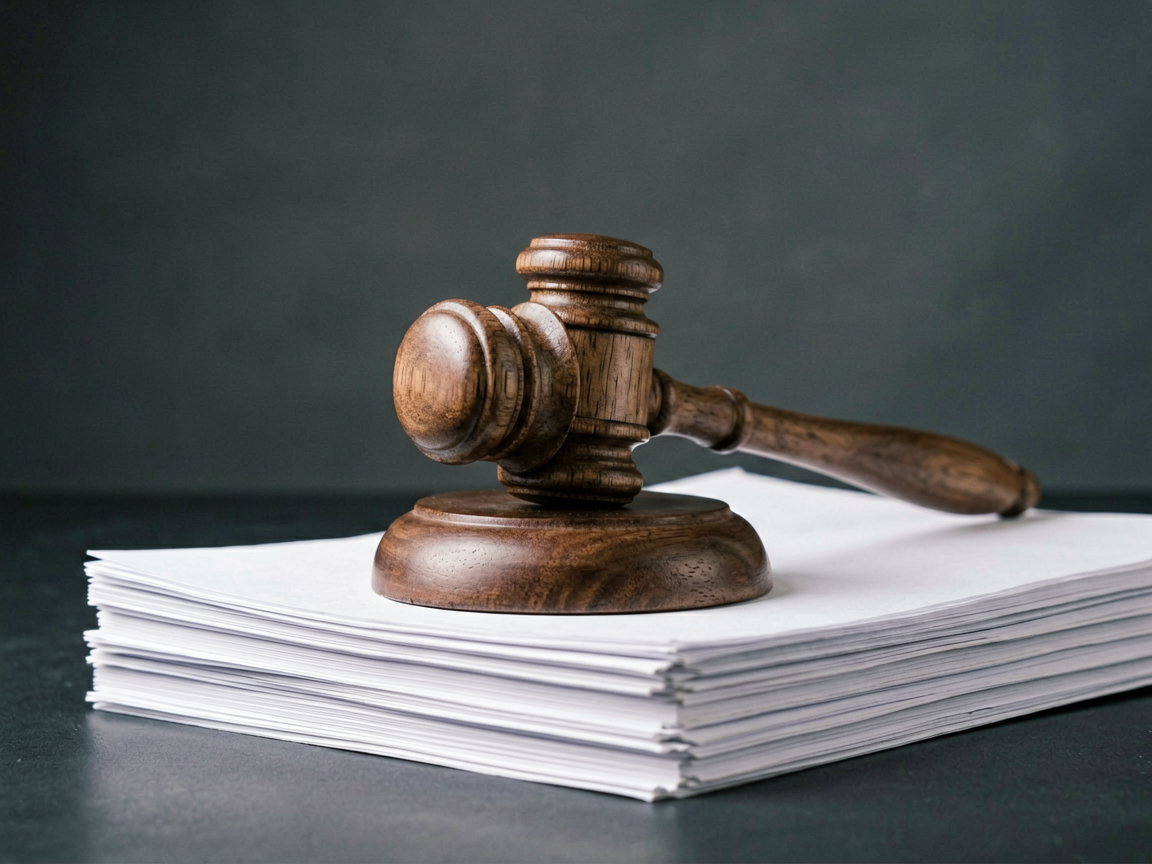 A gavel resting on a stack of legal documents with a subtle digital glitch effect