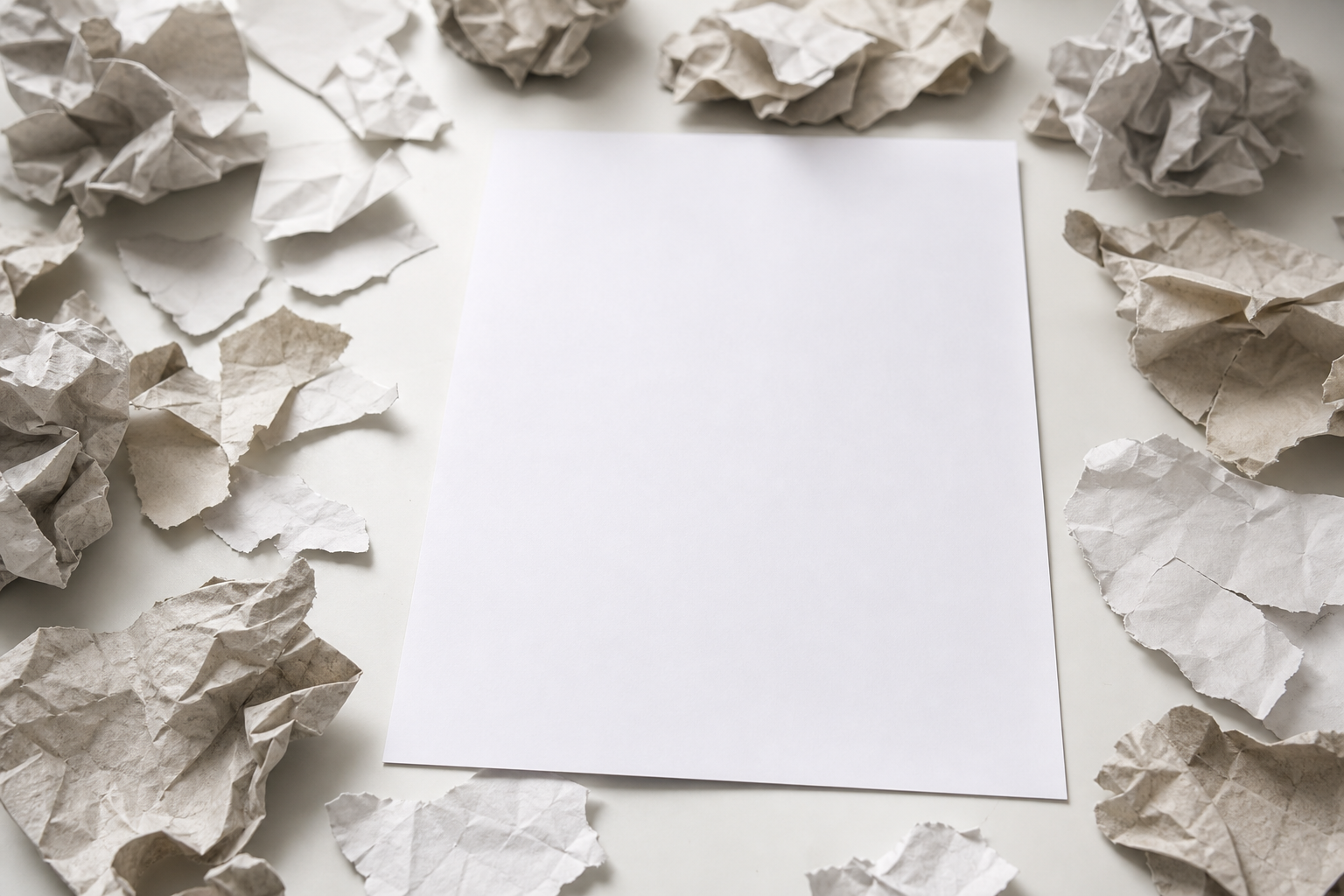 A clean, authoritative document resting on a pristine white surface, surrounded by scattered, blurred, and torn pieces of paper representing unreliable or corru