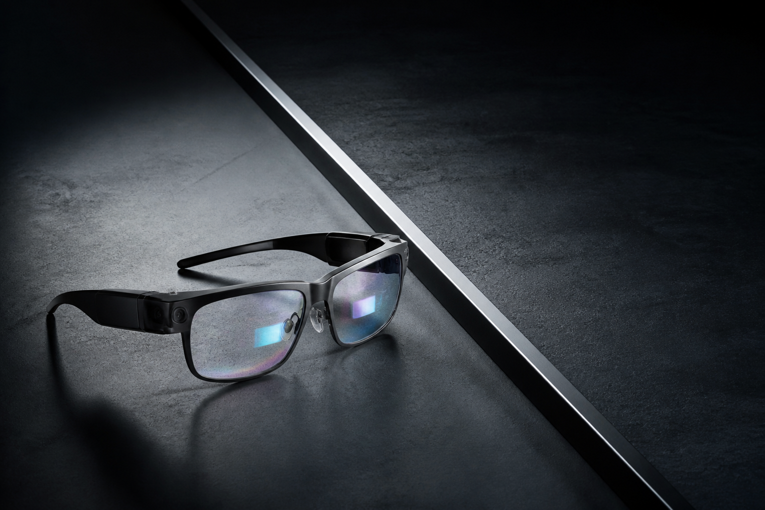 A pair of futuristic AI glasses on a concrete surface with a sharp dividing line symbolizing a barrier.
