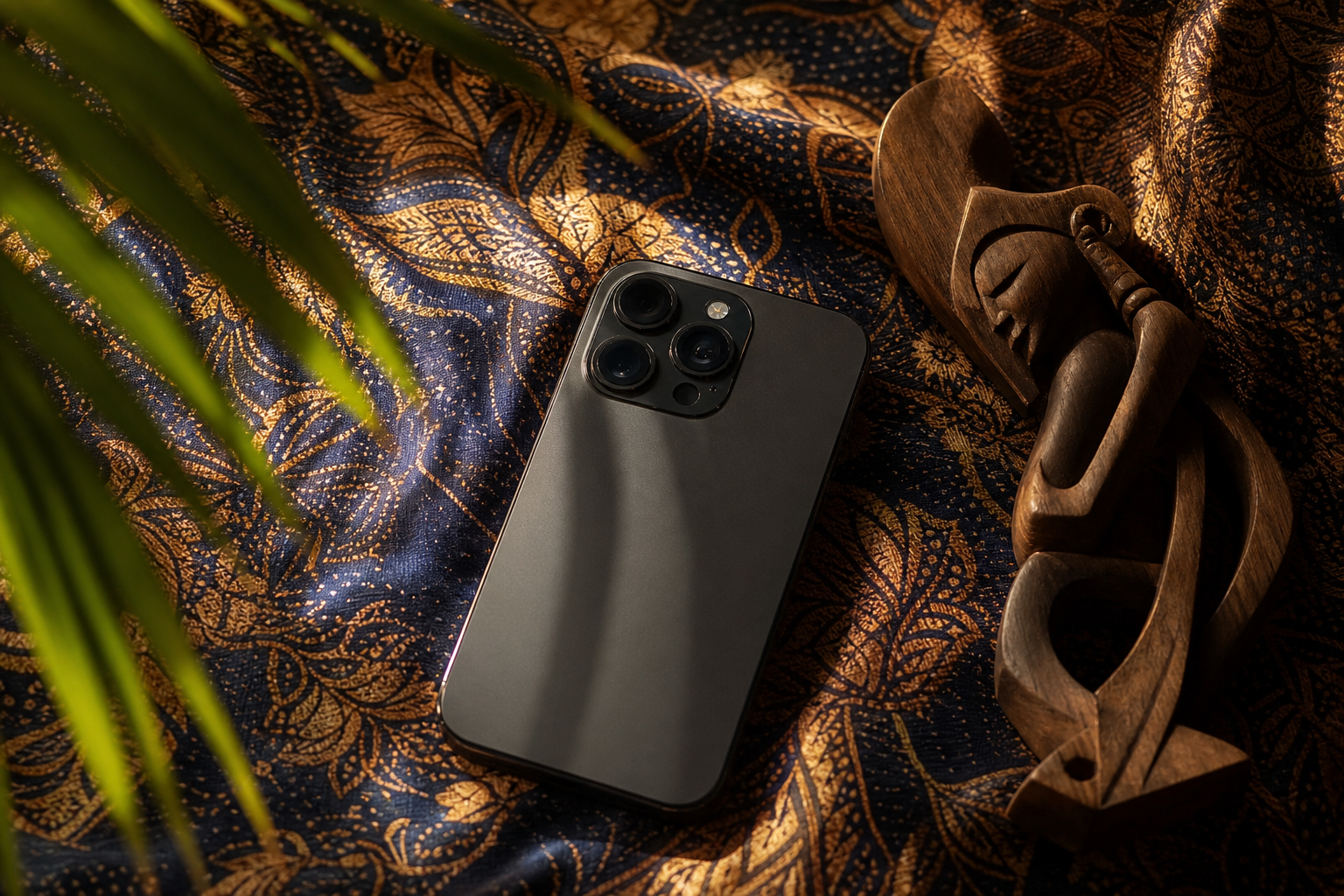 A modern smartphone resting on traditional Southeast Asian Batik fabric with tropical lighting.