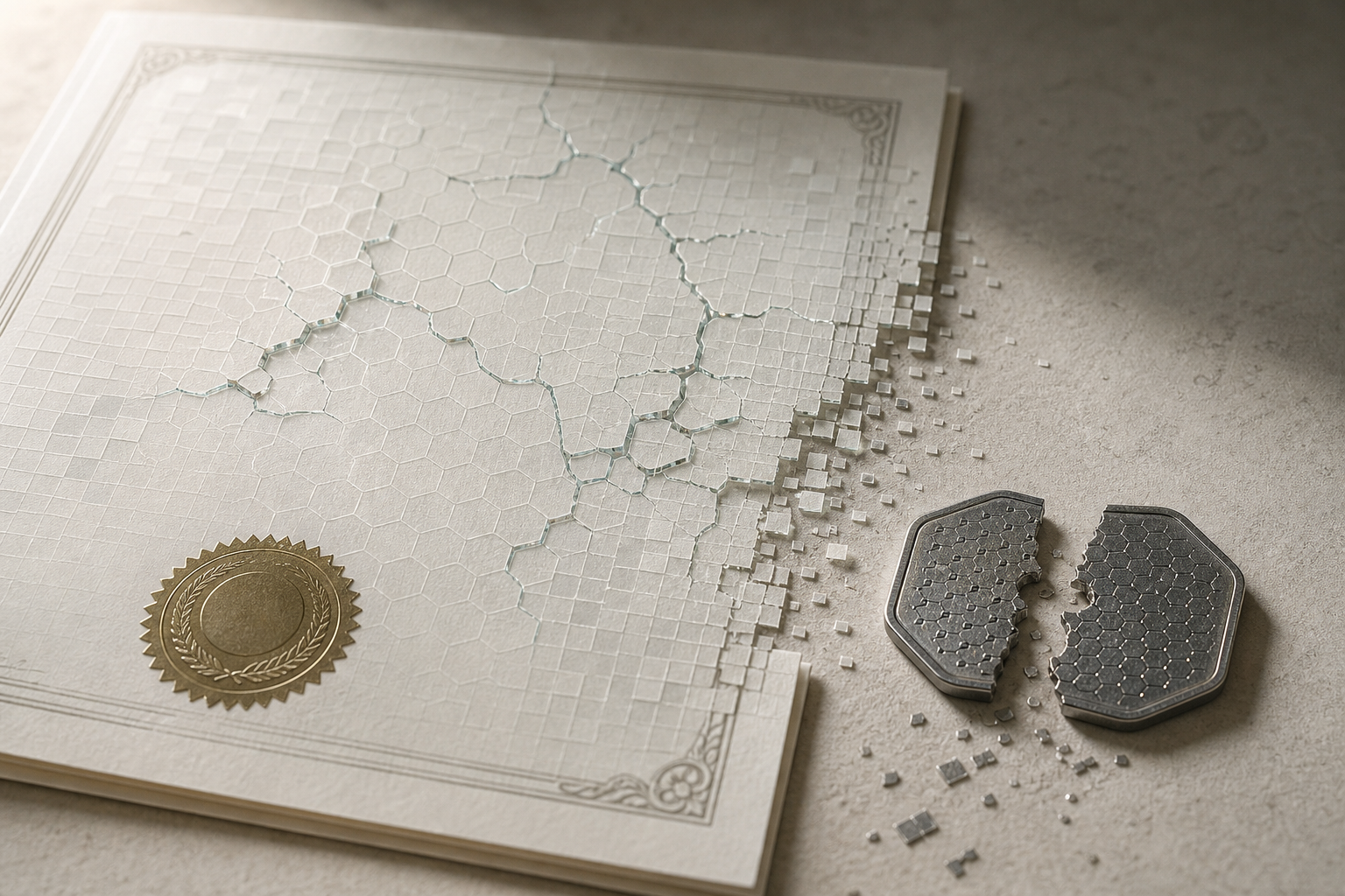 Editorial still life of a legal document with a broken digital seal and scattered evidence