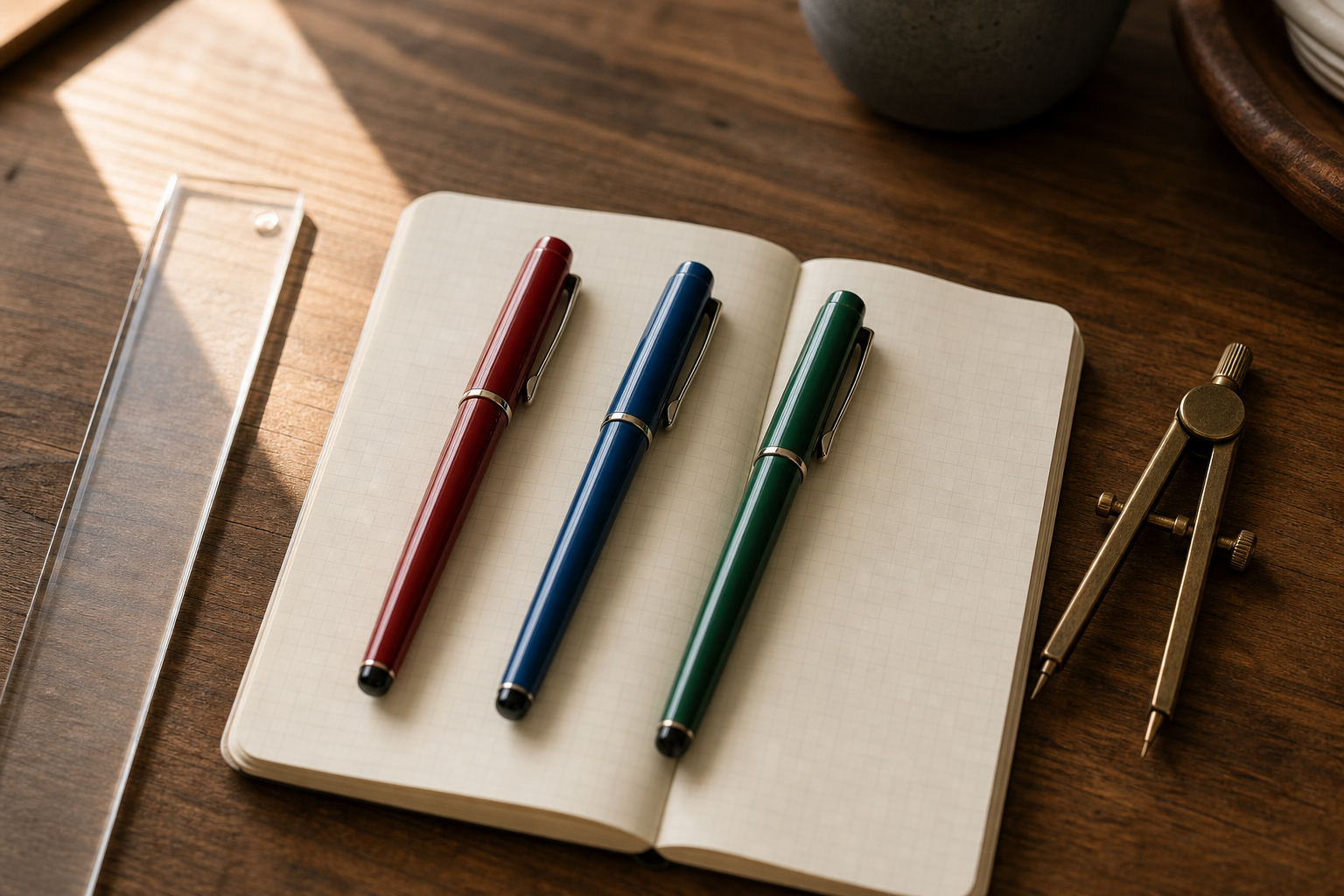 Three writing levers seated in a metal case, each designed for a different task layer — ruler for shape, compass for logic, ink-brush for nuance — analog tablep