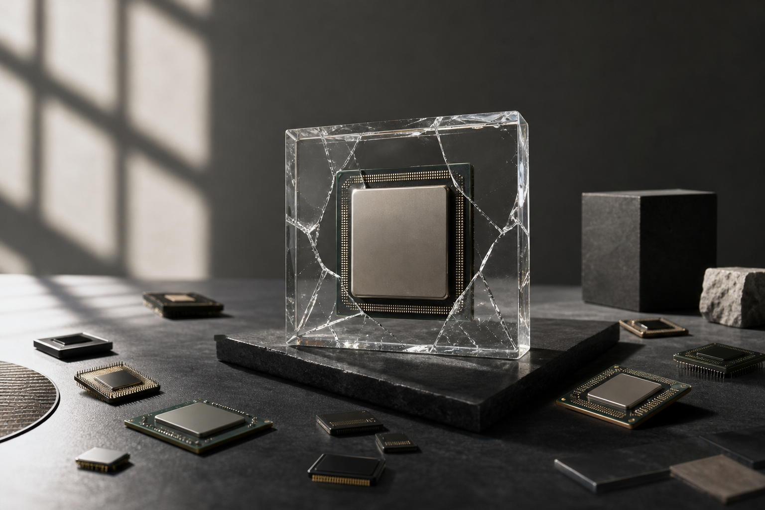 Symbolic still life of AI chips with the H20 model encased, representing export restrictions.