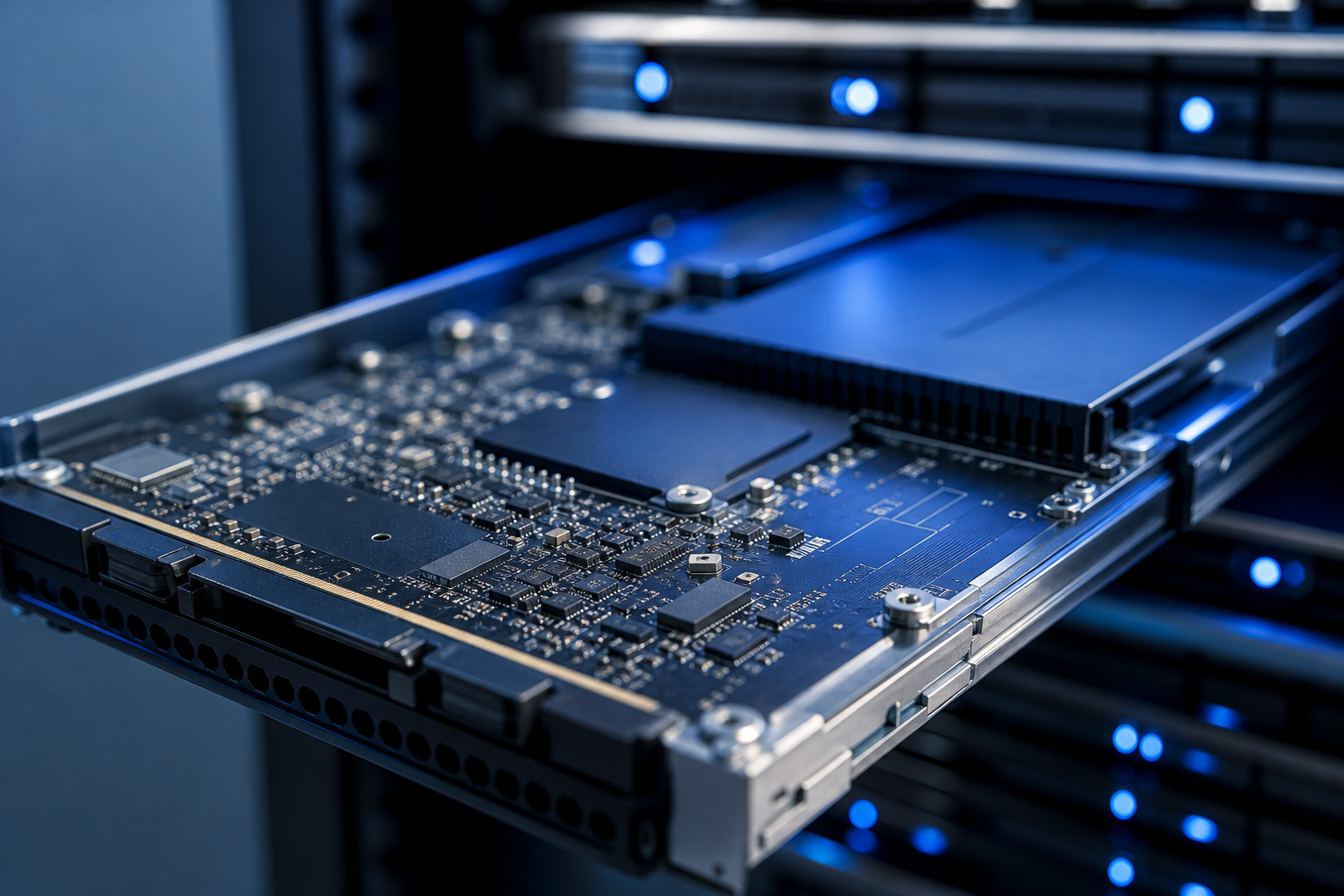 A close-up editorial shot of a modern server rack with blue LED indicators, symbolizing AI infrastructure and domestic chip adoption.