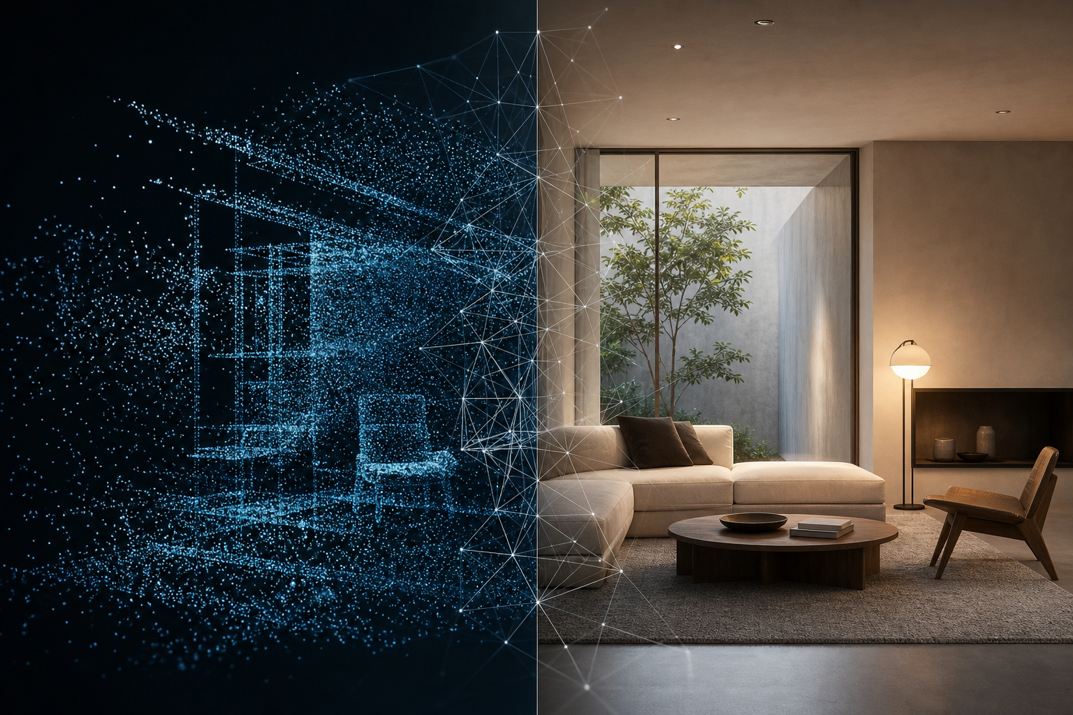 Abstract visualization of 3D spatial reconstruction and geometric alignment