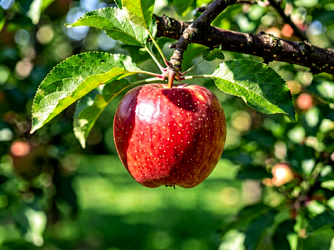 Apple on tree branch with dappled sunlight and leaves