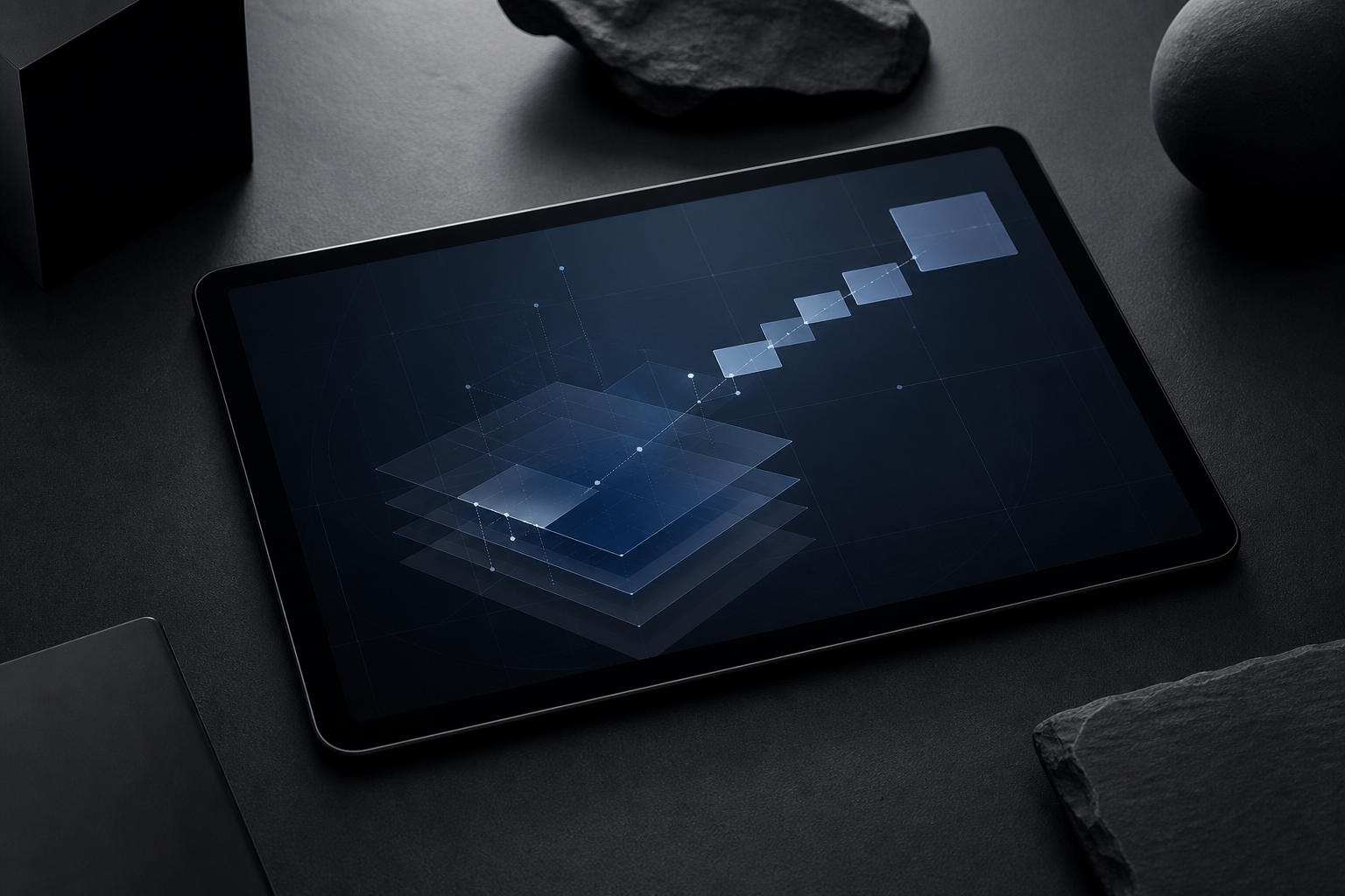 A close-up editorial shot of a modern digital tablet displaying a stylized, abstract representation of a video timeline with subtle geometric watermark patterns